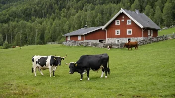 En tradisjonell norsk gård med kuer og en bonde, som viser betydningen av istervom i jordbruketskulturen.