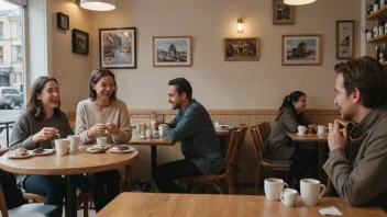 En varm og invitende cafe-scene med komfortable sitteplasser og en avslappet atmosfære.