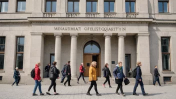 Et bilde av en regjeringsbygning med en skilt som leser 'Likestillingsdepartementet' på norsk, som symboliserer arbeidet til likestillingsstatsråden.