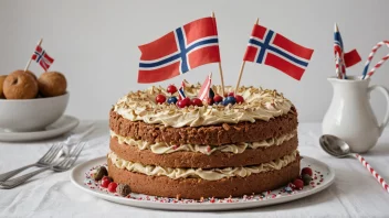 En tradisjonell norsk Krakhella-kake, dekorert med flagg og andre festlige dekorasjoner.