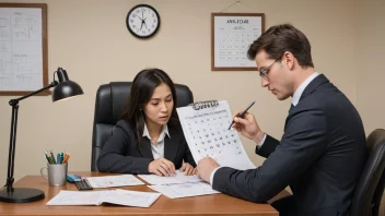 En person som arbeider intensivt ved et skrivebord, med en klokke og en kalender i bakgrunnen.