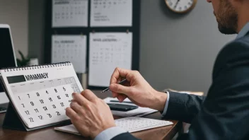 En person som sitter ved et skrivebord med en klokke og en kalender bak seg, ser organisert og fokusert ut.