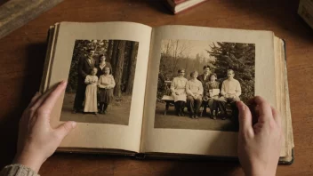 En person sitter på en sofa og ser på et gammelt familiefotoalbum med en varm og koselig bakgrunn. Albumet er fylt med bilder av deres forfedre og viktige hendelser i deres families historie.