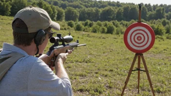 En person som deltar i feltskyting, med en rifle og et mål i bakgrunnen.