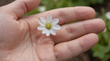 Et lite, hvitt blomsterfrø på en persons hånd.