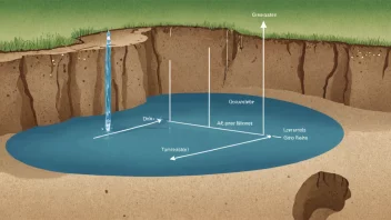 En illustrasjon av en grunnvannstand, som viser bevegelsen av grunnvann og endringer i vannnivå.
