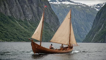 En skeide seilbåt seiler på en rolig fjord med fjell i bakgrunnen.