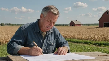 En bonde signerer en kontrakt for et stykke land.