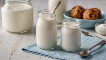 Et glass syrnet melk med en skje og en krukke yoghurt i bakgrunnen, som illustrerer konseptet syrnet.