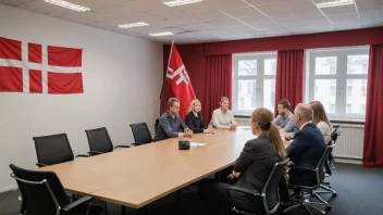 En gruppe mennesker i et møterom med et rødt flagg som symboliserer Arbeiderpartiet.