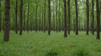 En fredelig gresskledd lysning i en skog med høye trær rundt