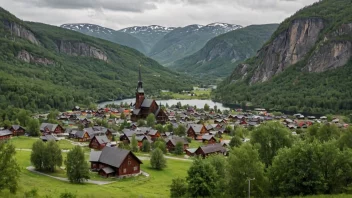 En malerisk bygd i Telemark, Norge, med Heddal stavkirke som sentralpunkt.