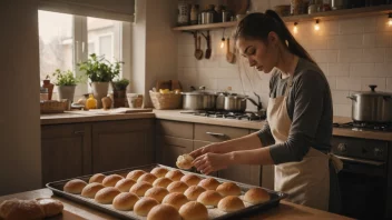 En person baker boller i et koselig kjøkken med en varm atmosfære.