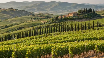 Et pittoreskt vingård i Toscana, Italia, med frodige grønne vinstokker og en klar blå himmel.