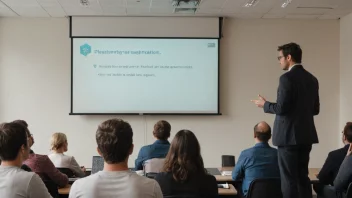 En person står foran en whiteboard og holder en presentasjon for en gruppe mennesker. Publikum lytter oppmerksomt og tar notater. En person i publikum hever hånden for å gi tilbakemelding.