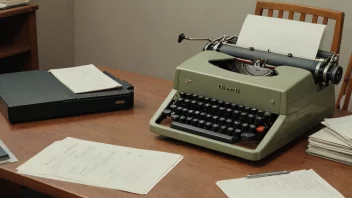 Et fotografi av en vintage Olivetti skrivemaskin på et skrivebord med en stabel papirer og en pennholder