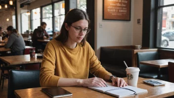 En frilansjournalist som arbeider uavhengig på en kaffebar.