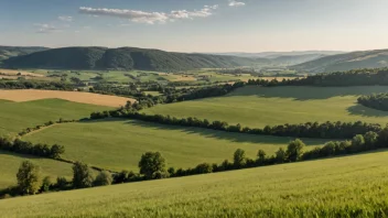 Et vakkert landskap av et vallset, med grønne åser og marker, og noen trær i bakgrunnen.