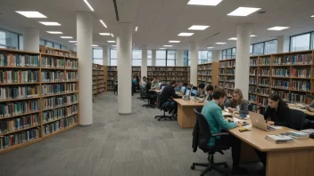 Et moderne bibliotek med en stor samling av bøker og datamaskiner, mennesker som studerer og leser ved bord