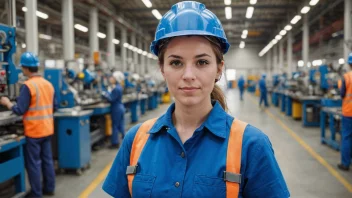 En kvinnelig fabrikkarbeider i blå jumpsuit og sikkerhetshjelm, med et selvbevisst uttrykk, stående foran en produksjonslinje.