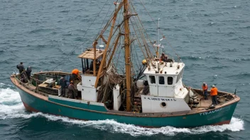 En fiskebåt med et trålnett i sjøen, med fiskere som arbeider på dekket.