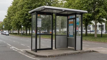 Et busskur med skråtak og en buss i bakgrunnen.