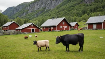 En tradisjonell norsk gård med dyr og en bonde som praktiserer kyrping