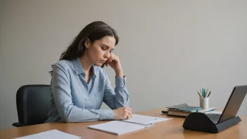 En person som sitter ved et skrivebord, ser ettertenksom ut og tar en beslutning.