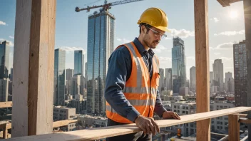 En bygningsingeniør i en hardhatt og vest, som holder et bygningstegning og ser ut på en by med ulike bygninger og strukturer.