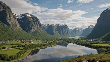 Et naturskjønt landskap av Brandval, Norge, med rullende åser, skoger og et hint av kulturelle landemerker.