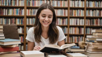 En person som leser en bok med et smil på ansiktet, omgitt av bøker og lesemateriale.