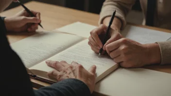 To personer sitter ved et skrivebord og arbeider sammen på en bok.