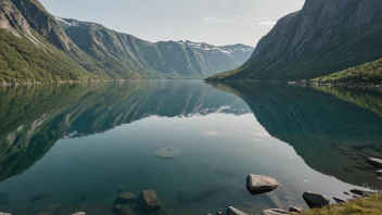 En fredelig innsjø i Norge med stille vann og majestetiske fjell i bakgrunnen