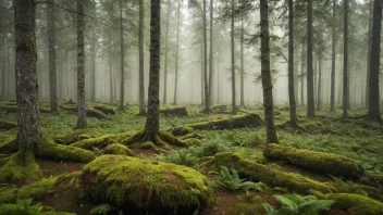 Et naturskjønt skoglandskap med tette trær, grønt løvverk og en tåkete atmosfære, som representerer Kvamskogen i Norge.