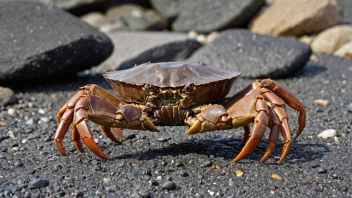 En landkrabbe med hardt skall, stående på en steinete strand