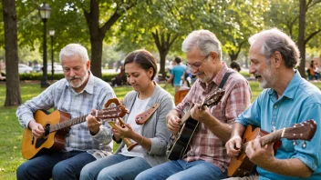 En gruppe mennesker som spiller musikk sammen, med en blanding av aldre og ferdigheter, i et samfunnssenter eller park.