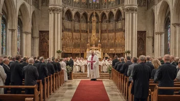 En ordinasjongudstjeneste i en kirke, ledet av en biskop, med den nyordinerte presten eller ministren i sentrum.