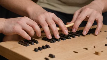 En persons hender som utfører en finmotorisk oppgave, som å spille et musikkinstrument eller håndarbeide, med fokus på fingrene og deres presise bevegelser.