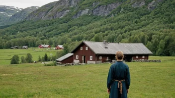 En tradisjonell norsk gård med en ung mann som står foran huset.