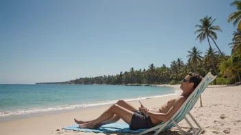 Et fredelig og rolig bilde av en person som slapper av på en strand, omgitt av palmer og en klar blå himmel.