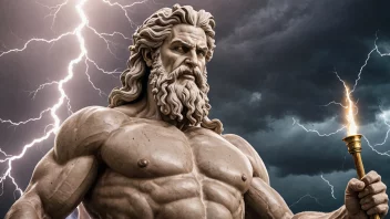 Zeus, gudenes konge, stående på Mount Olympus med et lyn i hånden.