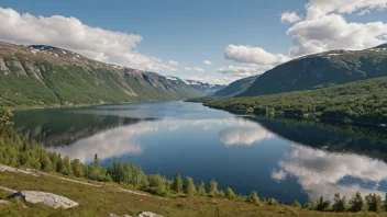 Et vakkert landskap av Oppland, Norge, med fjell og innsjøer i bakgrunnen og skoger i forgrunnen.