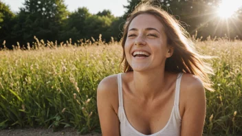 En person med et stort smil på ansiktet, stående utenfor i en solfylt eng med blomster og trær i bakgrunnen.