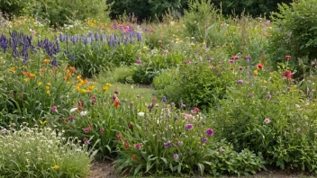 Et velholdt åkras med en variasjon av planter og blomster, omgitt av et treverk.