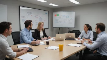 En gruppe mennesker i et møterom, med en whiteboard og laptoper, som diskuterer og planlegger strategier.