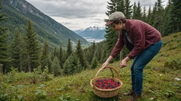 En person som samler bær i en skog, med en kurv og et naturskjønt fjellandskap i bakgrunnen.