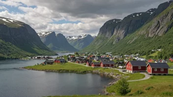 En pittoresk landsby i Norge med tradisjonelle hus og en fredelig innsjø i bakgrunnen.