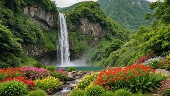 Et fredelig og åndeløst landskap med en naturlig kilde eller foss, som symboliserer naturens skjønnhet.