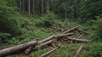 En gammel, overgrodd skog med en stor tømmerhaug i sentrum.