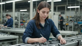 En ung kvinne i en fabrikk, som arbeider på en produksjonslinje.